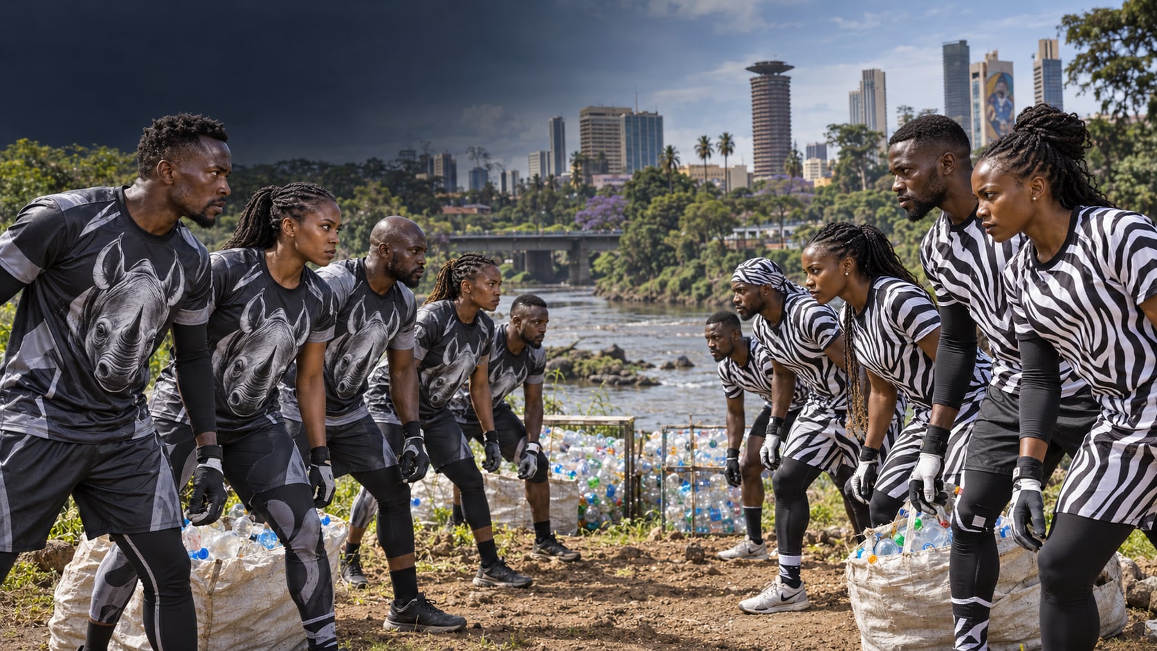 Rhino and Zebra River Warrior teams facing off beside the Nairobi River